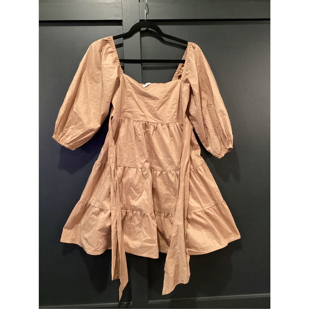 Isalis Cotton Blend brown tan puff sleeve tiered babydoll mini dress size small